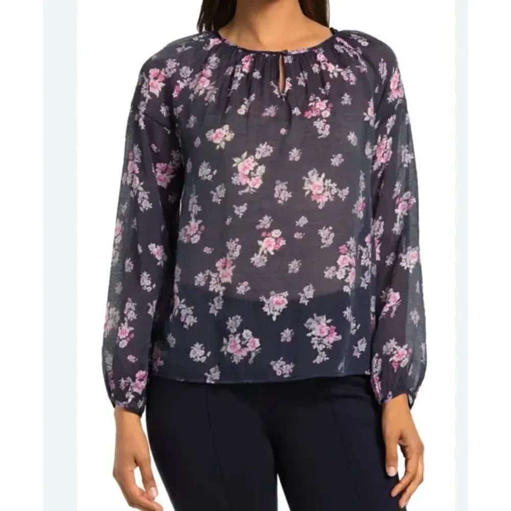 5--- Vince Camuto Peaceful Bouquet Keyhole Floral Long Sleeve Blouse Size Medium